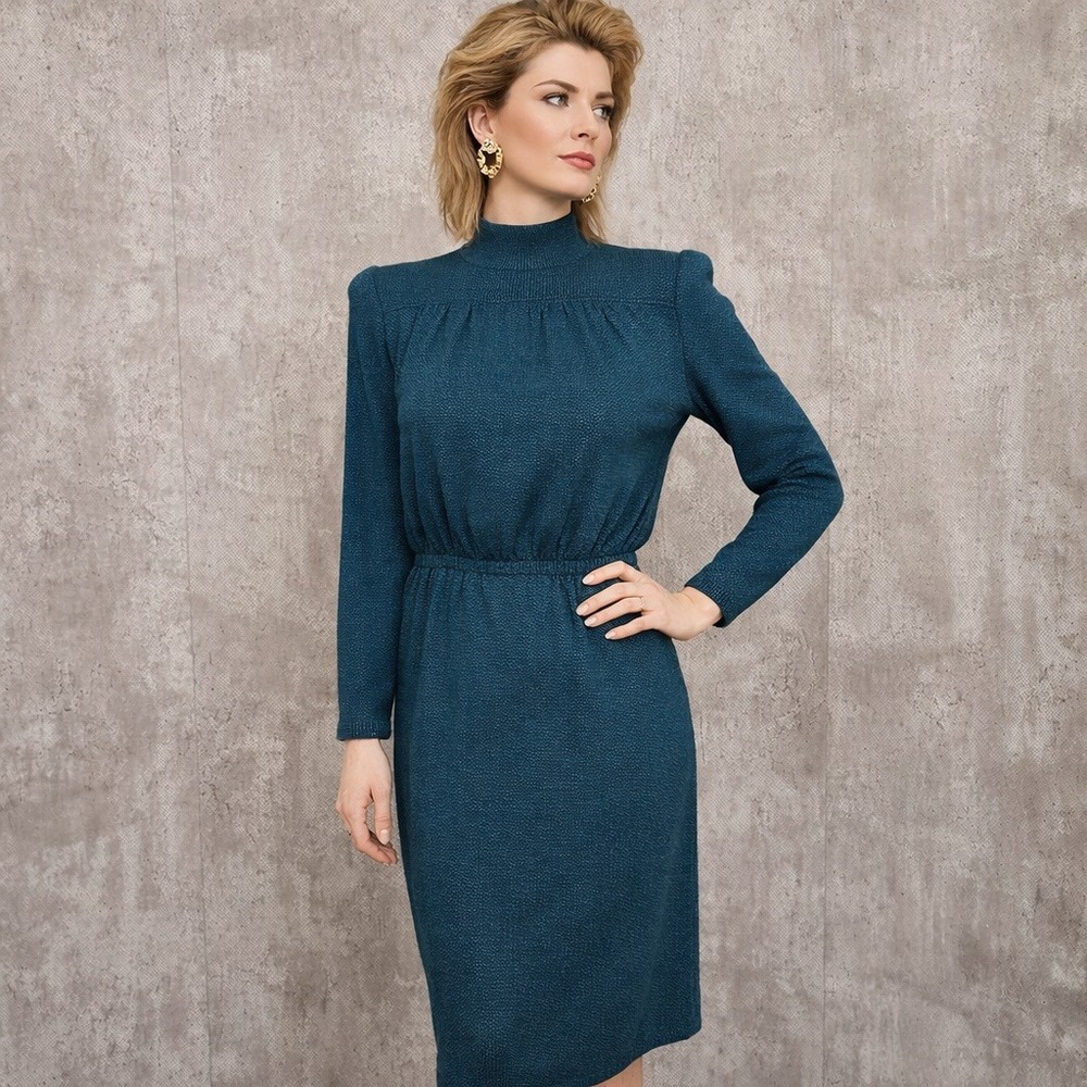 Vintage St John Marie Gray Knit Dress Teal‎ Green Mock Neck 80s 90s FLAWED AS IS